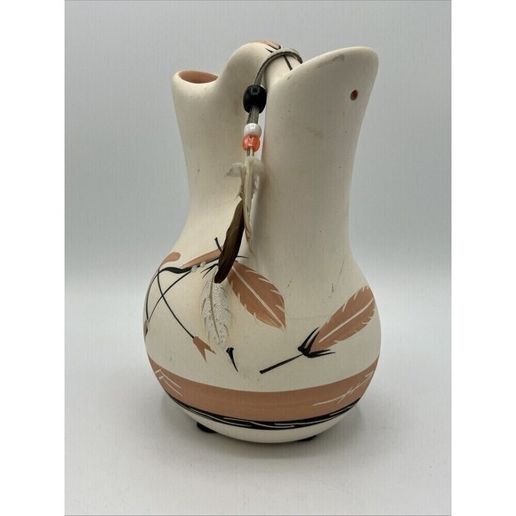 Native American Indian Pottery Feather Arrow Wedding Vase Signed Little Red - Picture 2 of 9